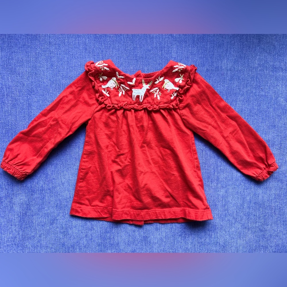 Baby Boden Embroidered Reindeer Holiday Ruffle Top 6-12M